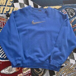 Vintage 90s Team NIKE Men's L Large Blue Pullover Center Swoosh Crewneck Sweater